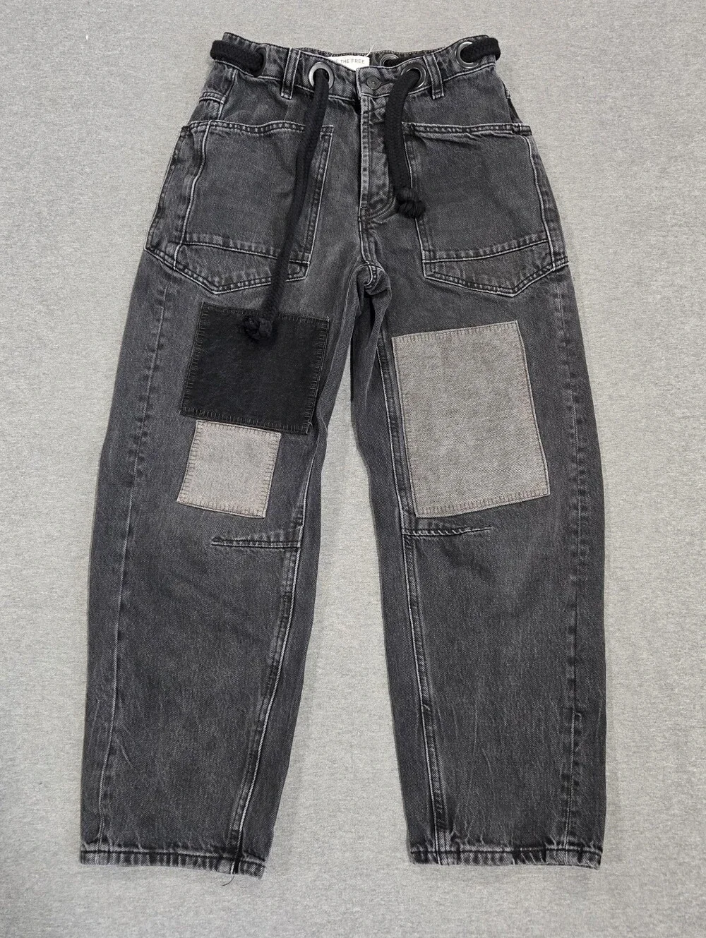 Free People We The Free Moxie Barrel Jeans Size 24 Night Hawk Low Rise Patchwork